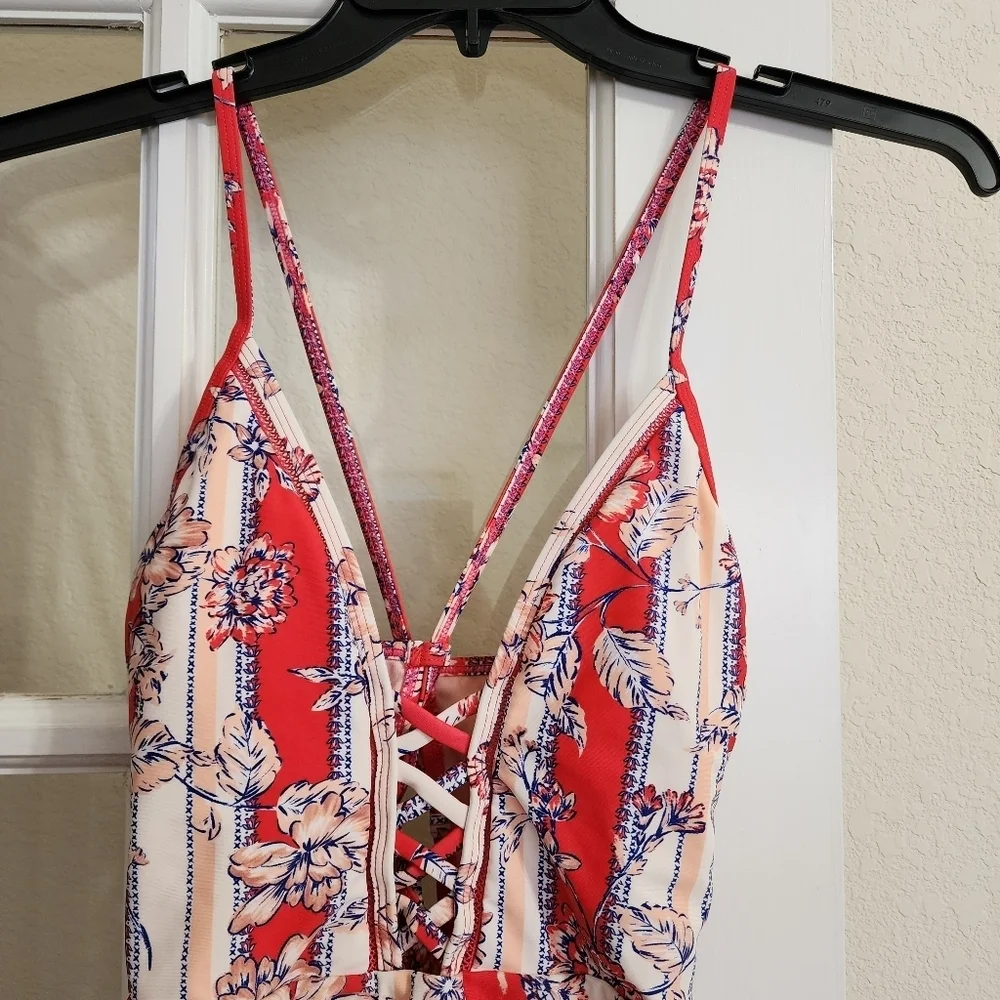 Indigo Rein Floral Lace Up Plunge One Piece Swimsuit Beach Vacation Summer